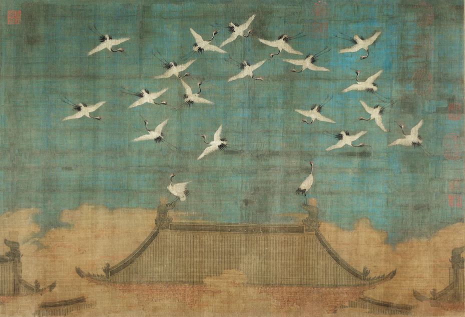 Auspicious Cranes over a palace roof