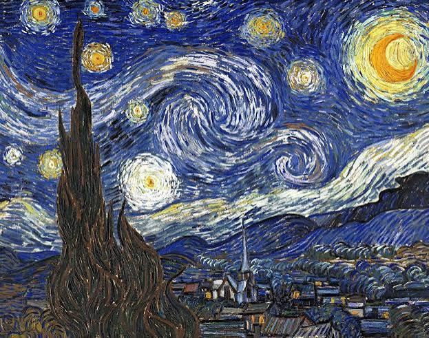 Swirling night sky over a quiet village